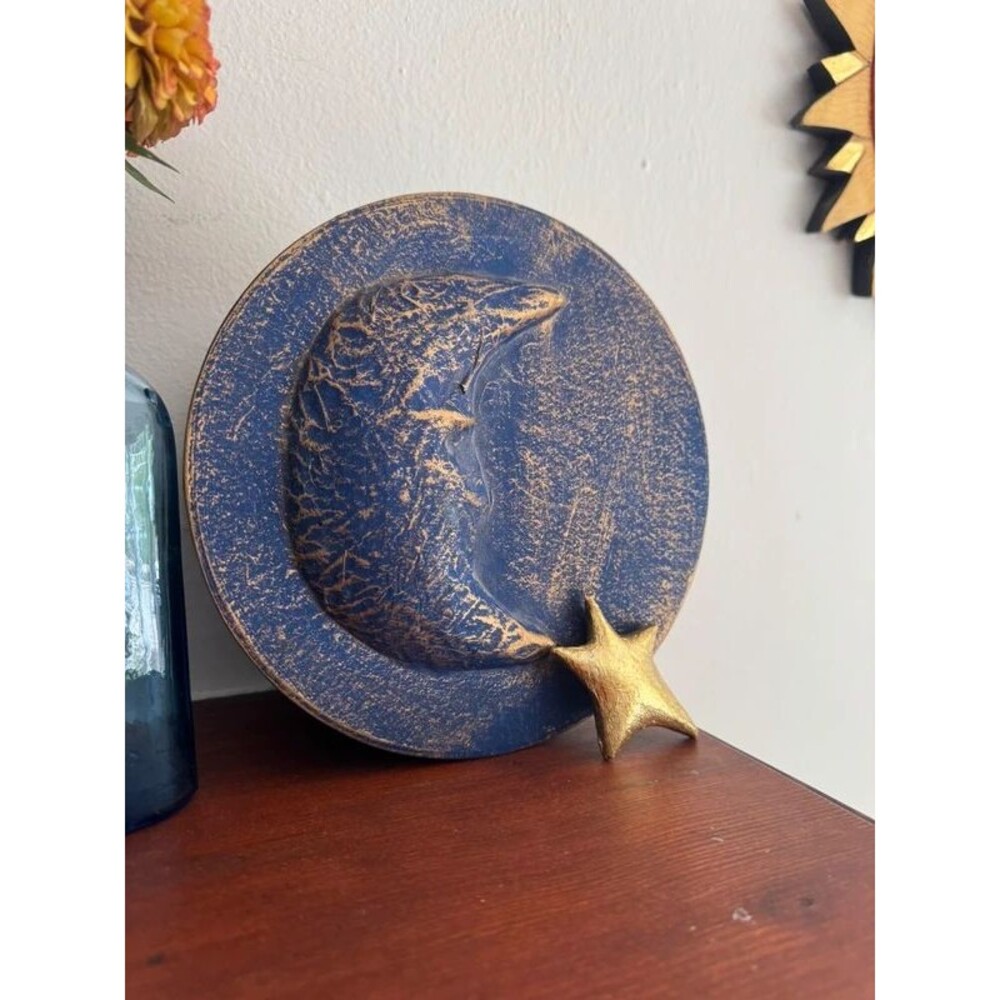 Vintage Celestial Moon Papier Mache Box Blue Gold Whimsigoth Trinket Decor